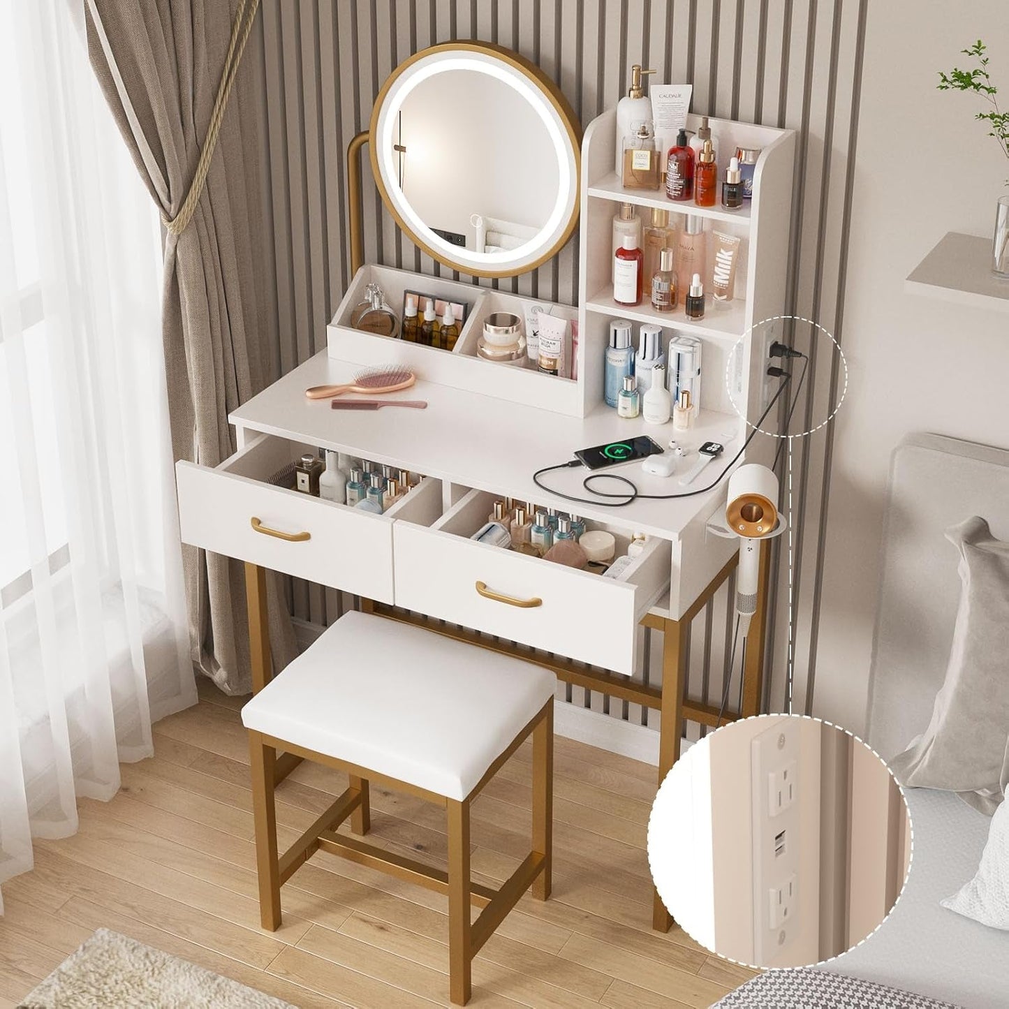 Elegant sminkbord med rund spegel och LED-belysning