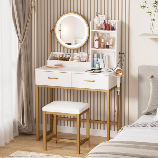 Elegant Makeup Vanity With Round LED Mirror