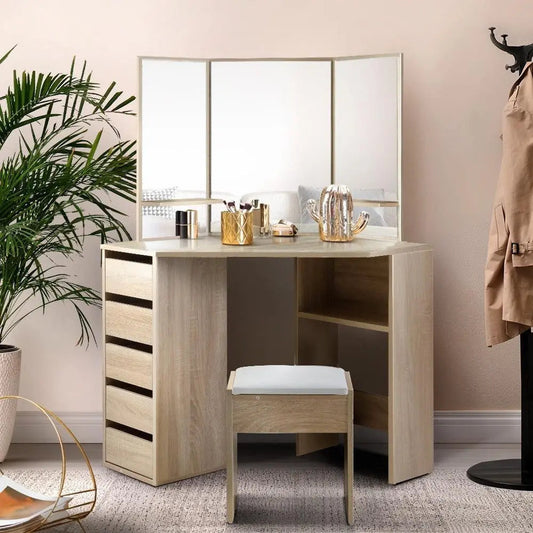 Corner Makeup Vanity Table With Mirror & Stool