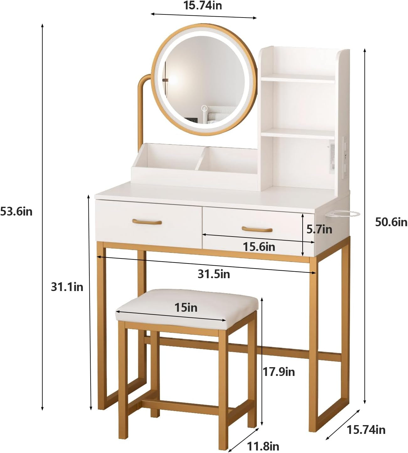 Elegant sminkbord med rund spegel och LED-belysning