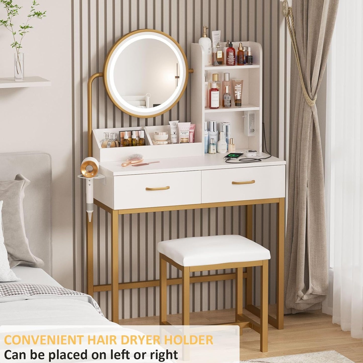 Elegant sminkbord med rund spegel och LED-belysning
